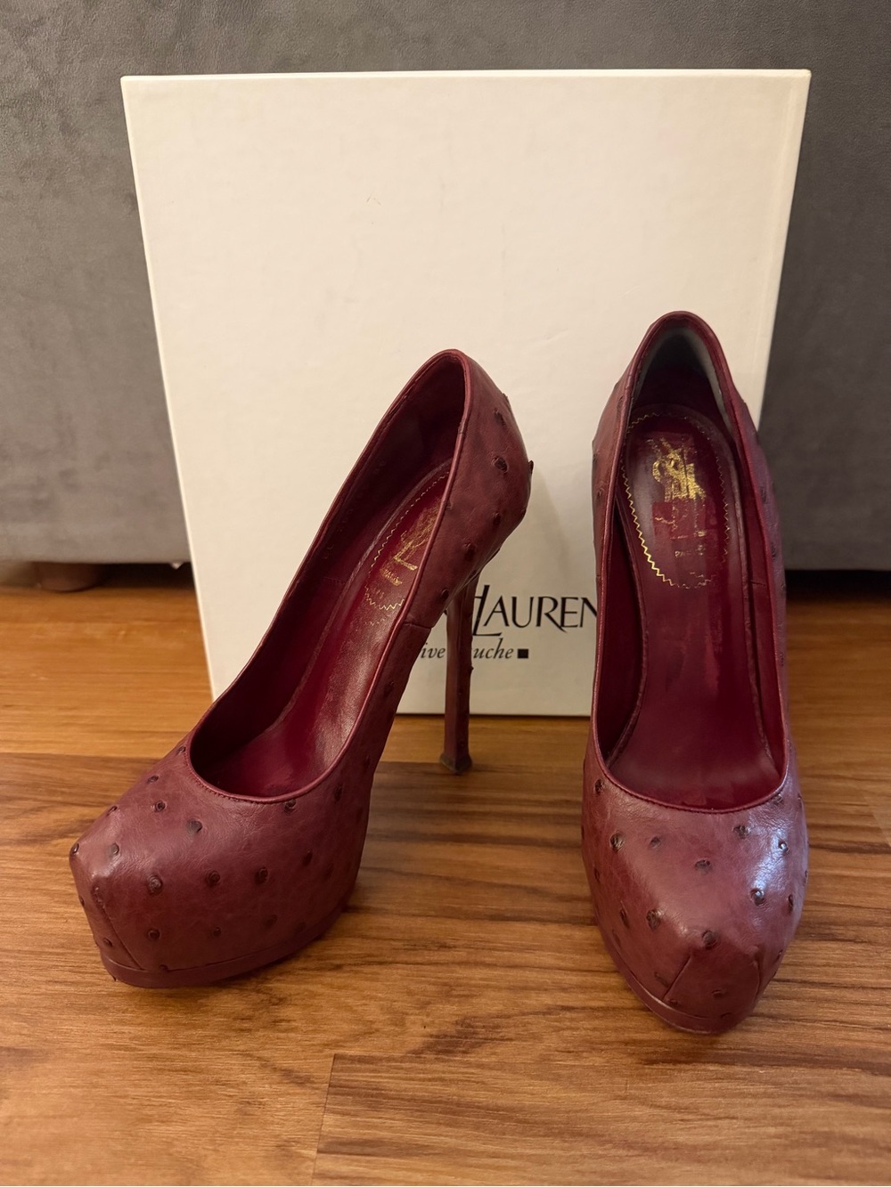 Yves Saint Laurent Burgundy Ostrich Leather Tribtoo Platform Pump 38